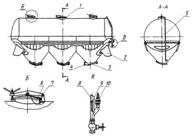 1 - люк-лаз; 2 - опора; 3 - фланец; 4- труба разгрузки; 5 - внутренняя лестница; 6- загрузочный люк; 7 -ригельный запор; 8 - воздухопровод сброса давления; 9- штуцер для манометра; 10 - предохранительный клапан