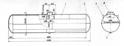 Котел  цистерны  для  перевозки  желтого  фос-фора:<br />1 — обечайка   котла;   2 — днище   котла;   3—кронштейн   помоста; 4 — люк;   5 — поддон
