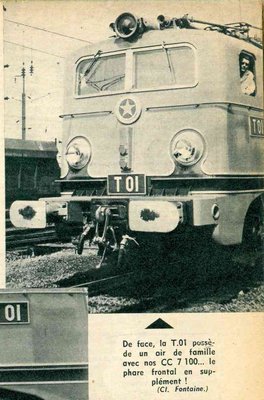 Подпись к фото: &quot;Спереди внешний вид Т 01 похож на французские локомотивы серии СС7100, только добавлен верхний прожектор.&quot;