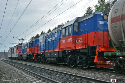 Тепловозы ТЭМ9-079, ТЭМ9-078, перегоняемые в составе грузового поезда, перегон Сандарово-Детково. БМО.jpg