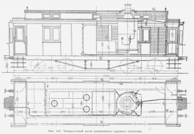 Общий вид и разрез кузова 4-осного вагона парового отопления
