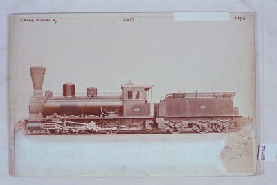 Grand Russian Railway (Russia) '0-8-0' locomotive<br /> Order No 2453<br /> 1870<br /> Left hand side elevation with tender<br /> Albumen paper print, part of 1966.24/MS0001/877