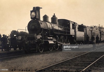 Railway engine and train waiting at the station in Toula, Russia on 3rd June 1908.