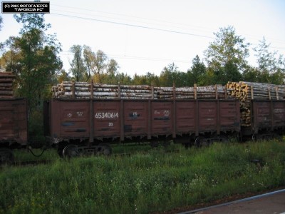 Полувагоны с лесом { Timber carloads }, ст. Белоостров { Beloostrov station }, Россия/Санкт-Петербург<br />Автор: Арни | Фото сделано 2.VIII.2003, опубликовано 11.III.2005.